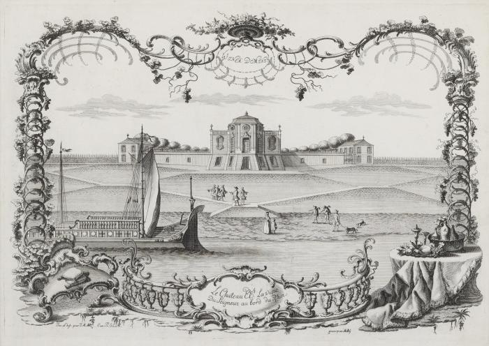 BONN WEINBERGSCHLÖSSCHEN

Vinea Domini. Le Chateau El.le La Vigne du Seigneur au bord du Rhin. Das Weinbergschlößchen auf einer Anhöhe mit dem Rhein, einer kurfürstlichen Lustjacht sowie dem Kurfürsten im Zentrum auf der Ufertreppe, mit grüßender Personenstaffage, umgeben von Rankenwerk, mit gedecktem Tisch, Weinflaschen und -gläsern.
