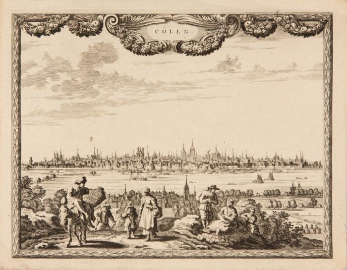 Köln. Cölln. Gesamtansicht mit Deutz und Figurenstaffage im Vordergrund; Kartusche und Oberrand mit Fruchtgirlanden.