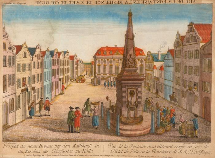 Bonn.- Marktplatz.  Prospect des neuen Bronen bey dem Rathhauß in der Residenz des Chrufürsten zu Kölln / Vüe de la Fontaine nouvellement erigée en face de l'Hôtel de Villeen al Residence de S.A.E.E.de Cologne.