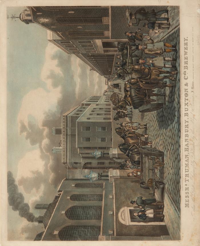 Bierbrauer. - Messrs. Truman, Hanbury, Buxton & Co's. Brewery, Ansicht des Black Eagle Brauereigeländes, in Spitalfields im östlichen London, mit Staffagefiguren, Pferdewagen, beladen mit Fässern und Dampflock im Hintergrund.