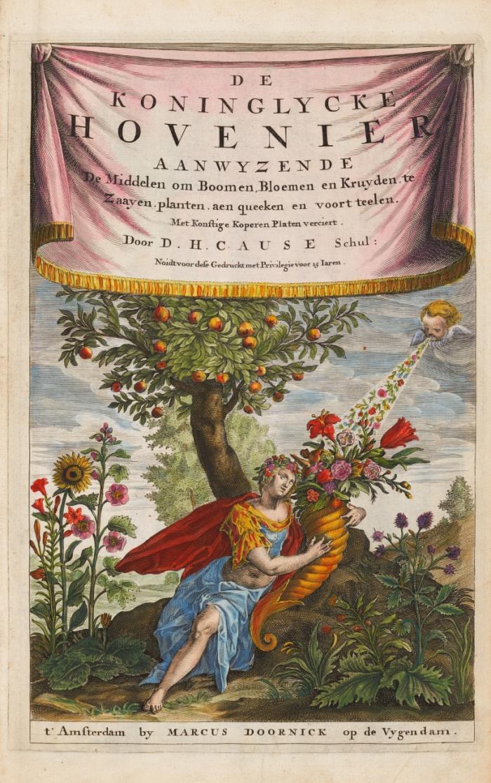 De koninglycke hovenier aanwyzende de middelen om boomen, bloemen en kruydrn te zaayen, planten, aen queeken en voort teelen. Angebunden: Commeli(j)n, Jan: Nederlantze Hesperides, dat is oeffening en gebruik van de limonen en oranje-boomen. Ebda. 1676. Mit kolor. Kupfertitel und 26 kolor. Kupfertafeln nach Cornelius Kick. 2 Bll., 47 SS., 1 Bl.