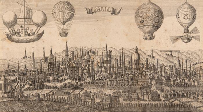Luftschifffahrt. - Paris, (fiktive Gesamtansicht mit 4 Luftschiffen bzw. Heißluftballons.