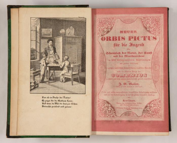 Neuer Orbis pictus für die Jugend oder Schauplatz der Natur, der Kunst und des Menschenlebens ... nach der früheren Anlage des Comenius bearbeitet ... 3. mit völlig umgearb. franz. Übers. versehene und mit der Übertr. in das  Englische vermehrte Auflage.