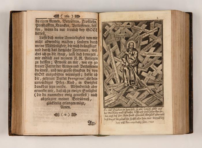 Sammelband mit 3 Werken, illustriert mit Andachtsbildchen. Wien u.a. 1726 - 47. Insgesamt 146 zusätzliche Kupfertafeln auf 73 Bll., getrüffelt. - 1) Peregrinatio novena, oder neuntägige Zuflucht zu den heiligen Peregrinum Ordens der die U. L. Frauen. Beichtiger ... in neun Freytäg eingetheilet. Mit gest. Front. Wien: Heyinger 1736. 15,3 x 9,5 cm. Mit gest. Front. 216 SS. / 2) Goldener Schlüssel zum Göttlichen Wunder- und Gnaden-Schatz, das ist: Inbrünstige Lieb und Andacht gegen Judam Thaddaeum. Erstlich 1726 vorgestellet. Raab [Györ]: Streibig 1747. 4 Bll., 88 SS., 4 Bll. / 3) Höchstnützliche Übungen der nothwendigsten Tugenden eines Christen. Aus dem Frantzösischen. Regensburg: Bader 1747. 3 Bll., 95 SS., 1 Bl. / 4) Fragment eines weiteren Werkes angebunden.