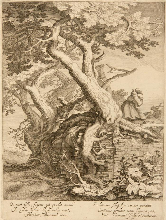 Landschaft mit betendem Eremiten neben einer Hütte.