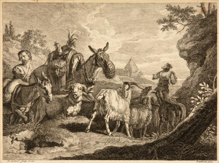 Ziegenherde mit Hirten und Eseln / Liegende Kühe und Ziegen. Um 1730-40.