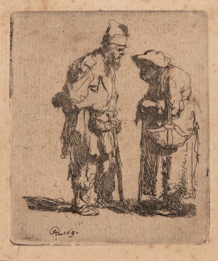 Bettler und Bettlerin im Gespräch.