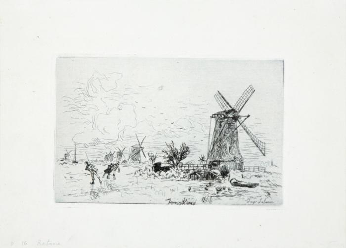 Winterlandschaftr mit Windmühlen.