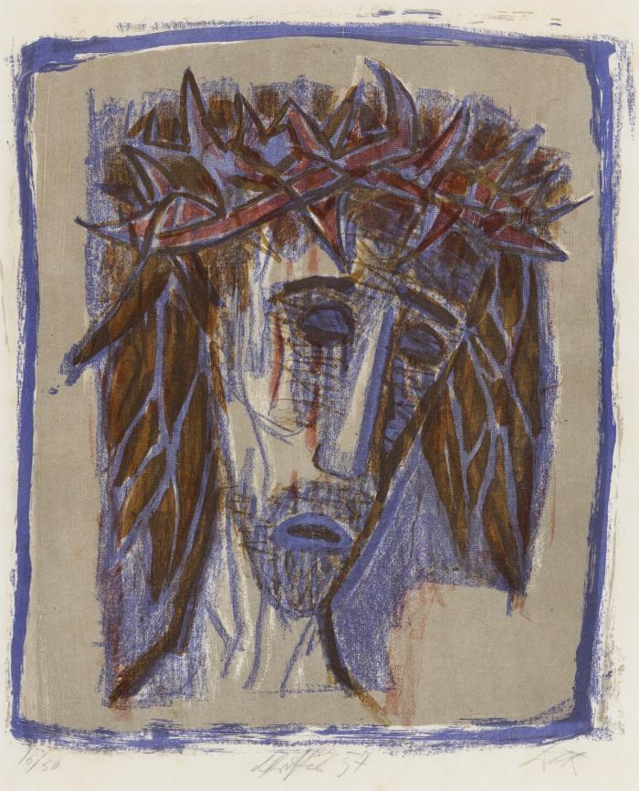 CHRISTUS (KOPF, NACH RECHTS BLICKEND, HAARE SCHULTERLANG, DUNKEL AUF HELLEM GRUND)