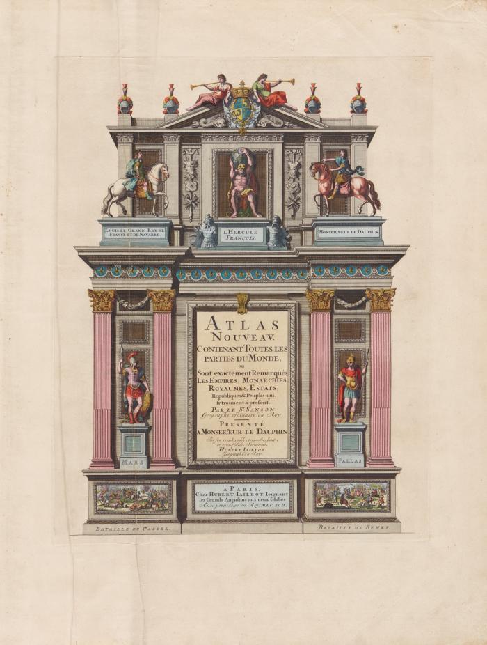 Atlas nouveau contenant toutes les parties du monde, ou sont exactement remarqués les empires, monarchies, royaumes, estats, republiques & peuples qui sy trouuent à present. Par le Sr Sanson, geographe ordinaire du Roy. Presenté a Monseigneur le Dauphin par ... Hubert Iaillot. (Drucktitel: Nouvelle Introduction a la geographie pour l'usage de Monseigneur le Dauphin ... par le Sr. Sanson ...)