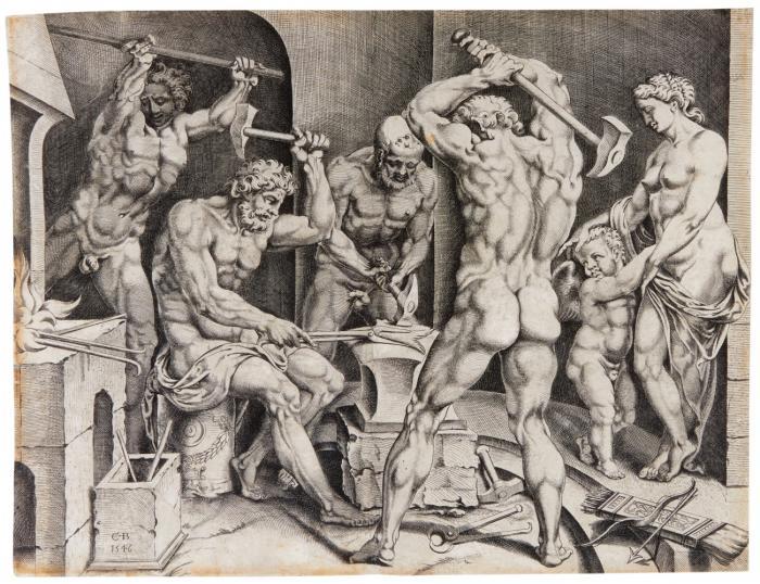 Venus und Amor in der Schmiede des Vulkan.