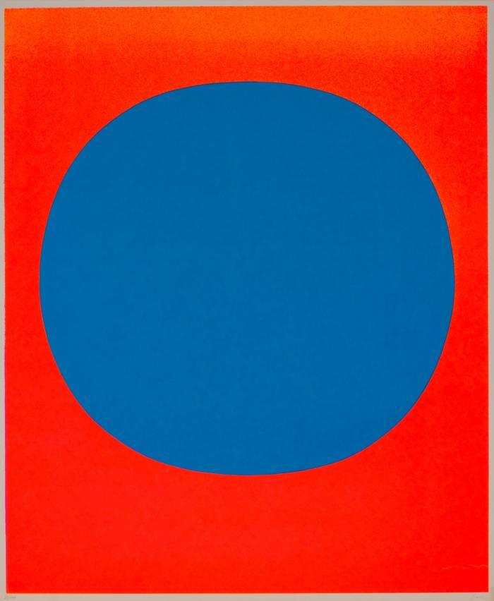 KOMPOSITION / BLAU AUF LEUCHTROT UND ORANGE