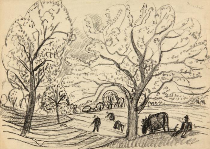 OHNE TITEL (BADENDE) / OHNE TITEL (LANDSCHAFT MIT BÄUMEN UND FELDARBEITERN)