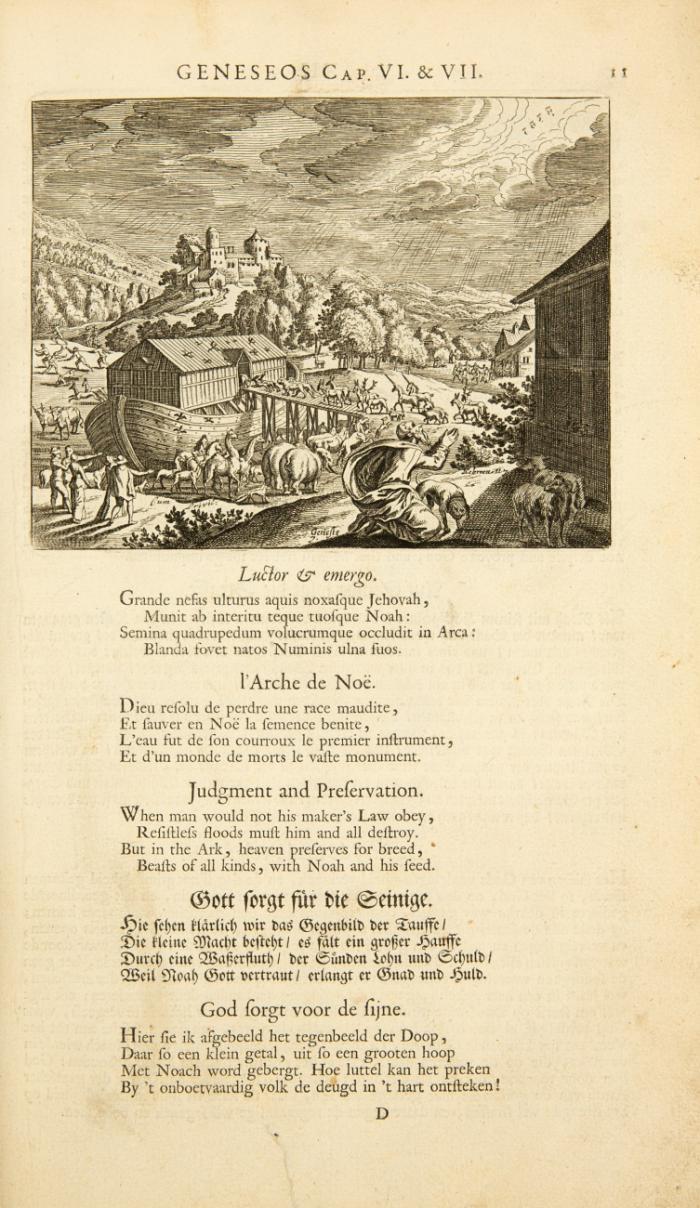 Afbeeldingen der voornaamste historien, soo van het Oude als Nieuwe Testament, door verscheide ... tekenaars en plaatsnyders seer kunstig afgebeeld ... daar by gevoegt, sinryke rymen, in de latynse, franse, engelse, hoog- en nederduitse talen ...