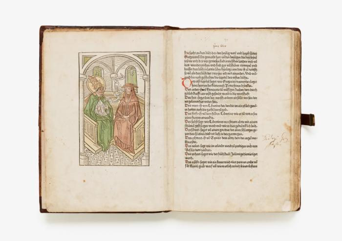 [Dialogorum libri quattuor, dt.] Das bu[o]ch der zwaÿer red mit ainander. Ed: Johannes von Speyer.
Daran: Tundalus: [De eius visio, sive de raptu animae, dt.] Die Gesicht Tundali. - Beda: [Visio Fursei, dt.] Das Wunderzeichen des Bischof Forsee. - [Speculum mundi, dt.] Spiegel der Welt. - [Ars moriendi, dt.] Kunst des Sterbens. - [Gerardus de Vliederhoven:] [Cordiale quattuor novissimorum, dt., Auszug] Die vier letzten Dinge.