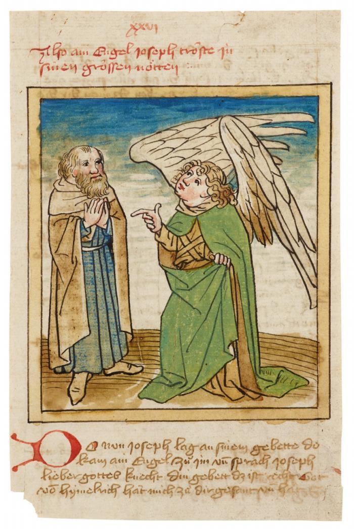 Joseph und der Engel. Blatt mit Miniatur aus einer Historienbibel.