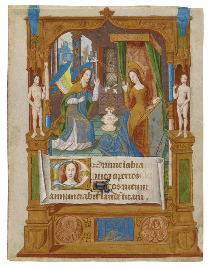 Mariae Verkündigung. Einzelblatt mit Miniatur aus handgeschriebenem latein. Stundenbuch.