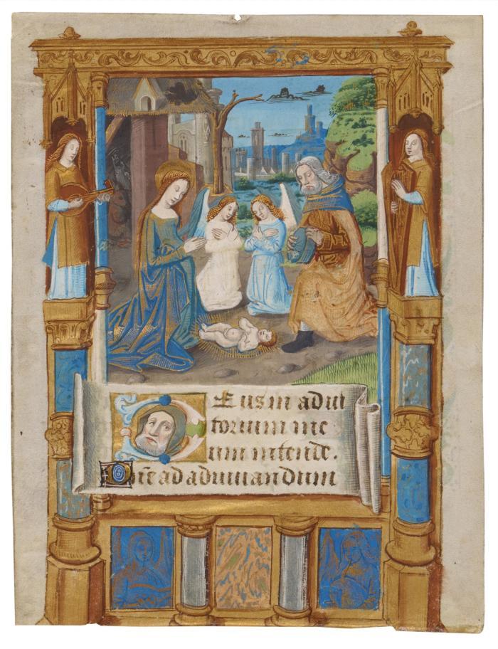 Geburt Christi. - Einzelblatt mit Miniatur aus handgeschriebenem latein. Stundenbuch.