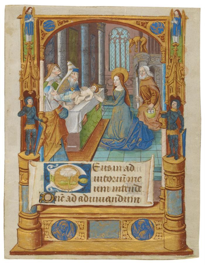 Darbringung Jesu im Tempel. - Einzelblatt mit Miniatur aus handgeschriebenem latein. Stundenbuch.