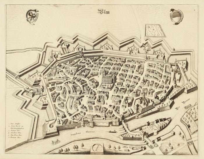 Ulm. Vogelschau-Ansicht. Kupferstich aus Leti. 1689.