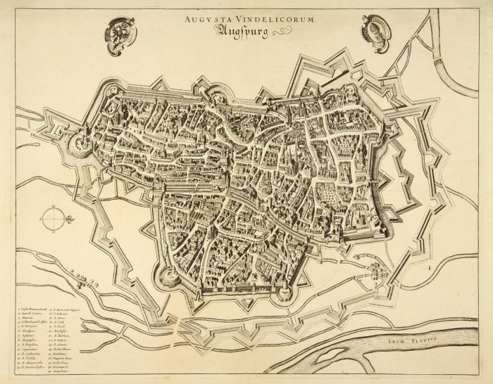 Augsburg. Vogelschau-Ansicht. Kupferstich aus Leti. 1689.