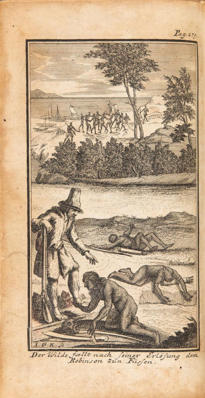 Das Leben und die gantz ungemeine Begebenheiten des Robinson Crusoe, welcher unter andern ... Schiffbruch erlitten ... Erster Theil. Von ihm selbst beschrieben ... Aus dem englischen ins Teutsche übersetzt. 4. Aufl.