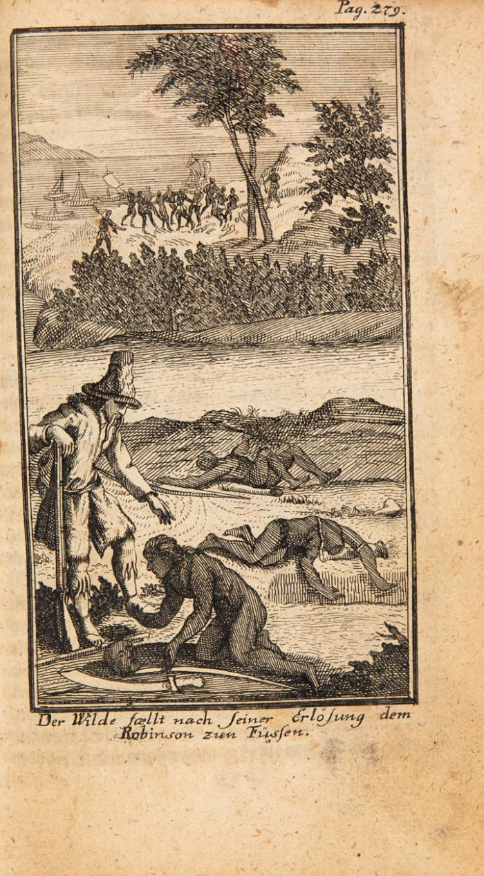 Das Leben und die gantz ungemeine Begebenheiten des Robinson Crusoe, welcher unter andern auf der Americanischen Küste durch Sturm Schiffbruch erlitten ... Der erste Theil ... aus dem Englischen ins Teutsche übersetzt. Fünffte Auflage.