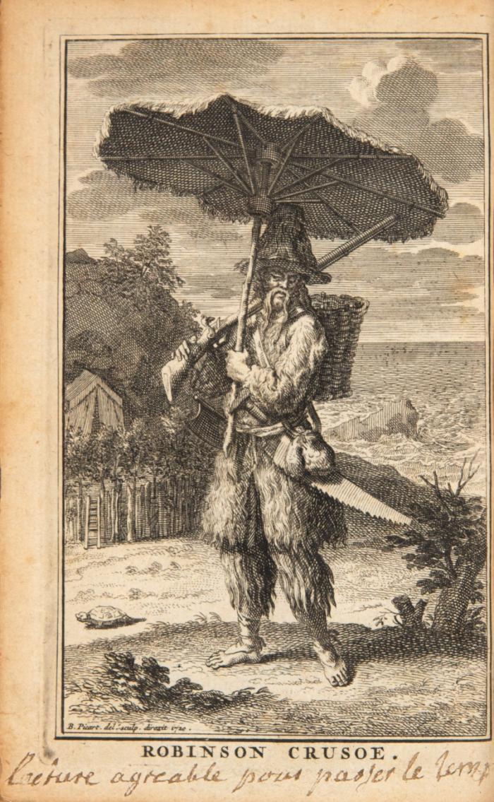 La vie et les avantures surprenantes de Robinson Crusoe. Contenant entre autres événemens,... Traduit de l'anglois [par Saint-Hyacinthe u. Van Effen]. Bd. I (von 3).