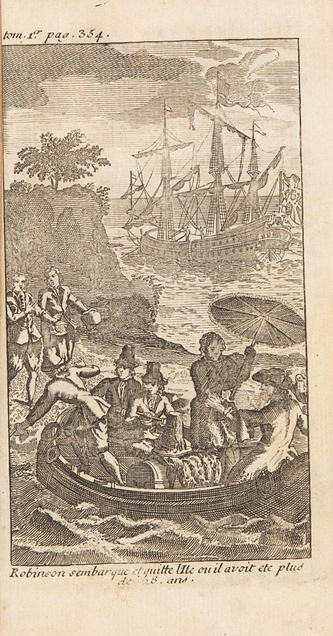 La Vie et les Avantures suprenantes de Robinson Crusoe. Contenant sa Naissance, son évasion de chez ses Peres & Meres, les Voyages qu'il fit sur mer, & son séjour dans le Brezil. Traduit de l'Anglois. 4 Teile (in 2 Bänden).
