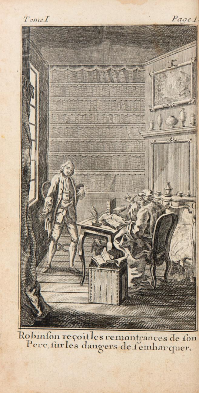La vie et les avantures surprenantes de Robinson Crusoe. Contenant son retour dans son Isle, ses autres nouveaux voyages & ses Réflexions. Nouvelle edition. 6 Bde. in 3.