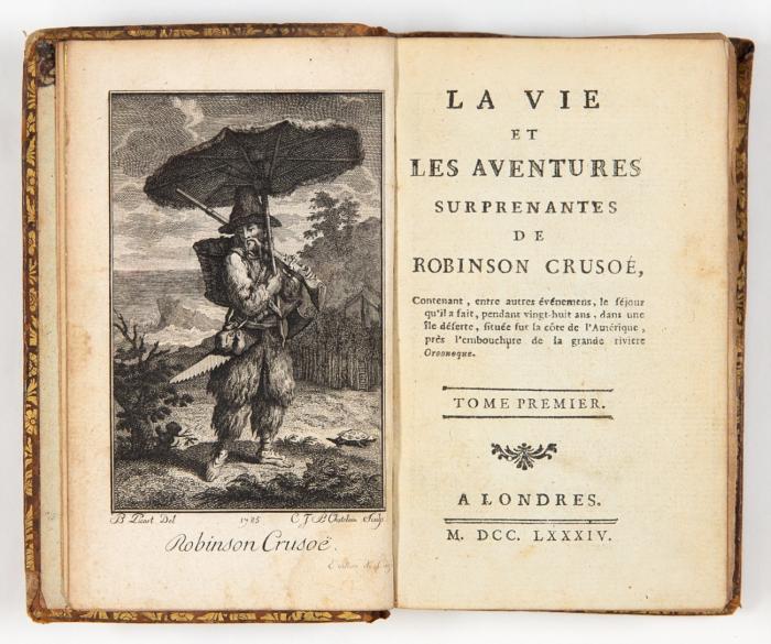 La vie et les aventures surprenantes de Robinson Crusoé, contenant, entre autres événemens ... 4 Bde.