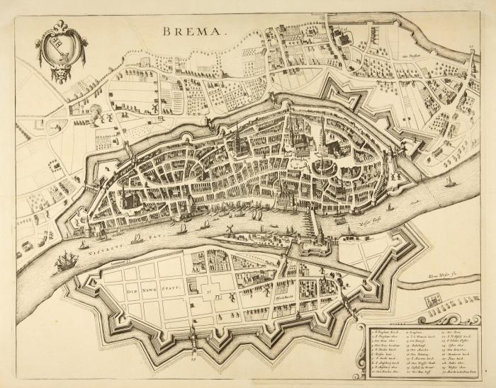Bremen. Vogelschau-Ansicht. Kupferstich aus Leti. 1689.