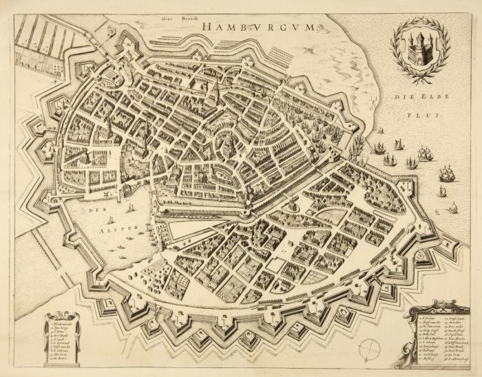 Hamburg. Hamburgum. Vogelschau-Ansicht. Kupferstich aus G. Leti. 1689.