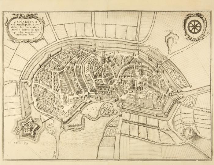 Osnabrück. Vogelschau-Ansicht. Kupferstich aus Leti. 1689.