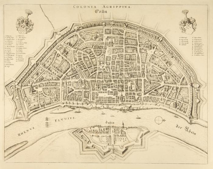 Köln. Vogelschau-Ansicht mit Deutz. Kupferstich aus Leti. 1689.