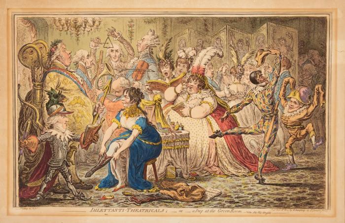 2 Blatt kolorierte Radierungen: (1) Dilletanti Theatricals; or, a Peep at the Green Room. Publ. Feby. 18th, 1803 by H. Humphrey. Plattengr. 31,5 x 49,3 cm auf 34,4 x 53 cm. (2) Blowing up the Pic Nic's; or, Harlequin Quixotte attacking the puppets. Publ. April 2nd, 1802 by H. Humphrey. 33,5 x 24,7 cm