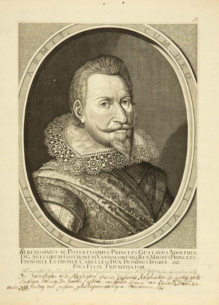 Gustav II. Adolf, König von Schweden. Porträtkupfer von H. Hondius 1629.