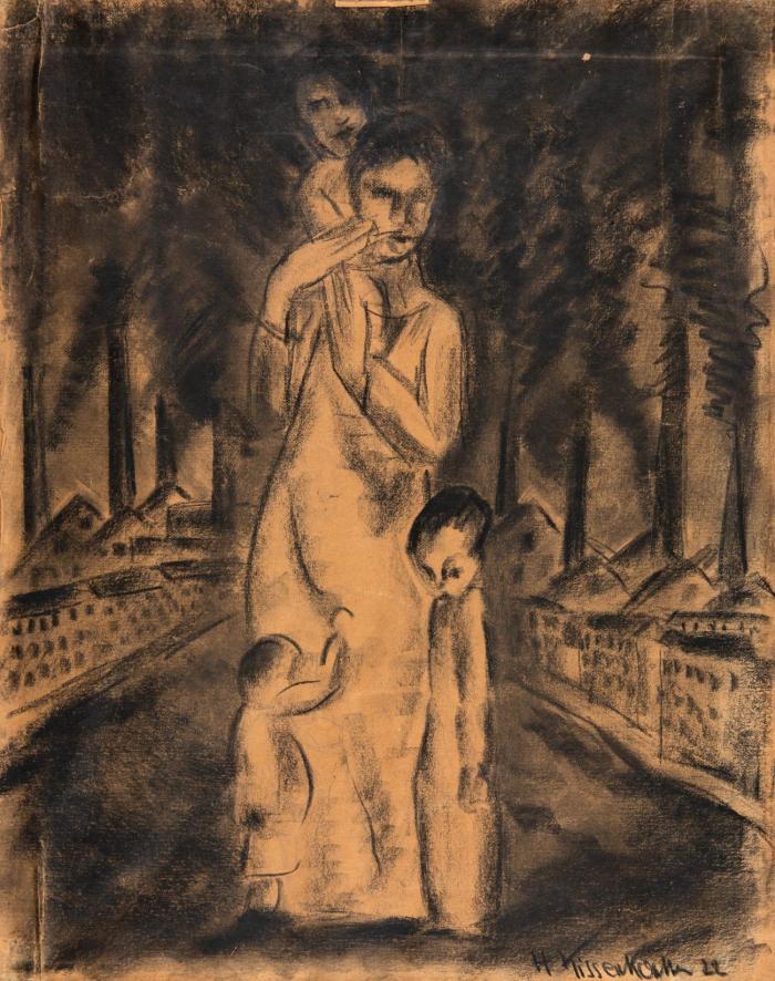 FRAU MIT KINDERN VOR SCHLOTEN