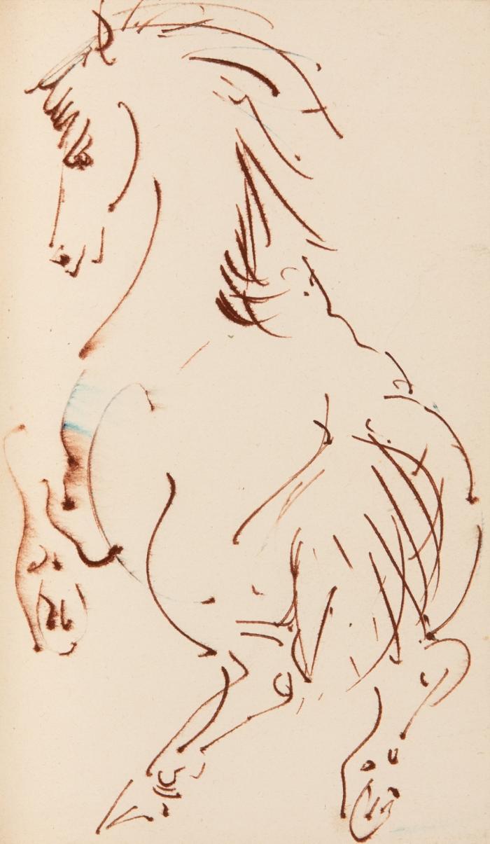 Ein Brief. Olten 1966. 20 x 12 cm. Mit 7 farb. ganzseit. Illustr. und 1 OrFederzeichnung von Hans Erni. 59 SS., 1 Bl. Handgebundenes gelbes Maroquin in Pappschuber von H. Peller, Solothurn.