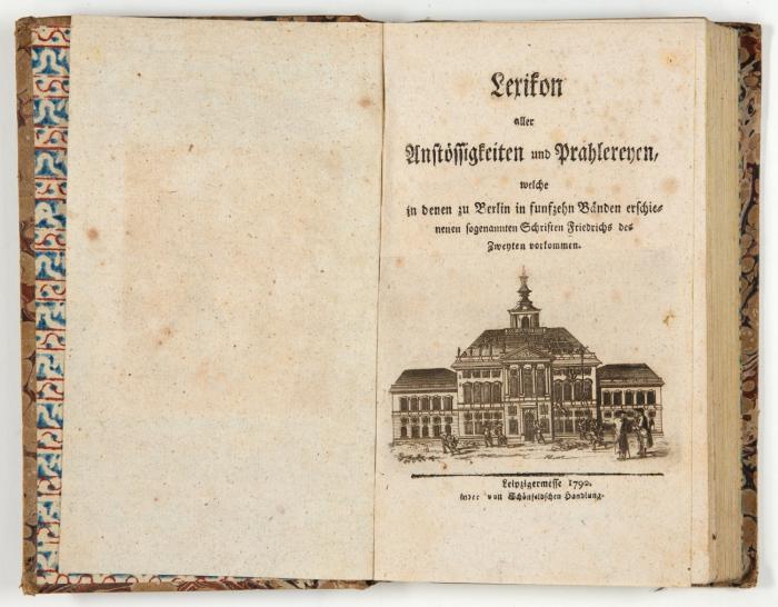 Lexikon aller Anstössigkeiten und Prahlereyen, welche zu denen zu Berlin in funfzehn Bänden erschienenen sogenannten Schriften Friedrichs des Zweyten vorkommen.