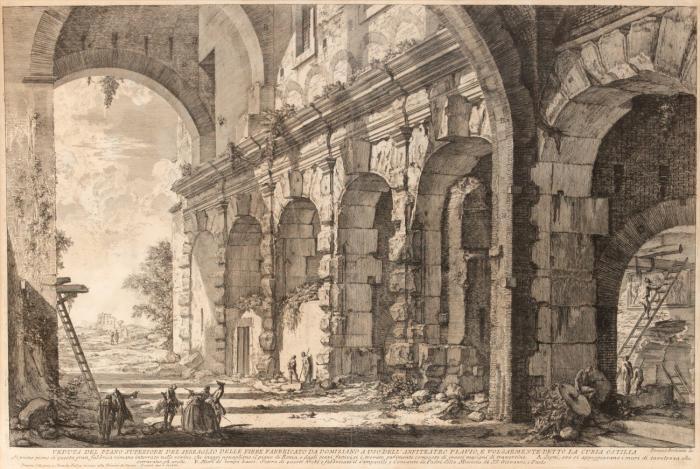 Veduta del piano superiore del serraglio delle fiere fabbricato da Domiziano a uso dell'anfiteatri Flavio, e volgarmente detto la Curia ostilia (Die Substruktion des Claudius-Tempels, früher genannt die Curia Hostilia).