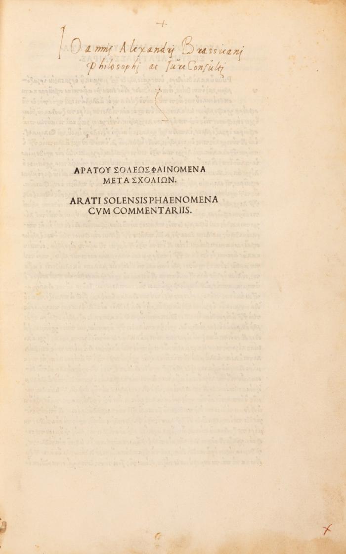 Phaenomena cvm commentariis (griech./lat.). Mit den Scholien des (Pseudo-)Theon. Daran: (Pseudo-)Proclos: Sphaera (griech.) u. Proclus Diadochus:  Sphaera. A Thoma Linacro Britanno interprete. - Teilband aus: Firmicus Maternus, Iulius: Mathes (u.a.).