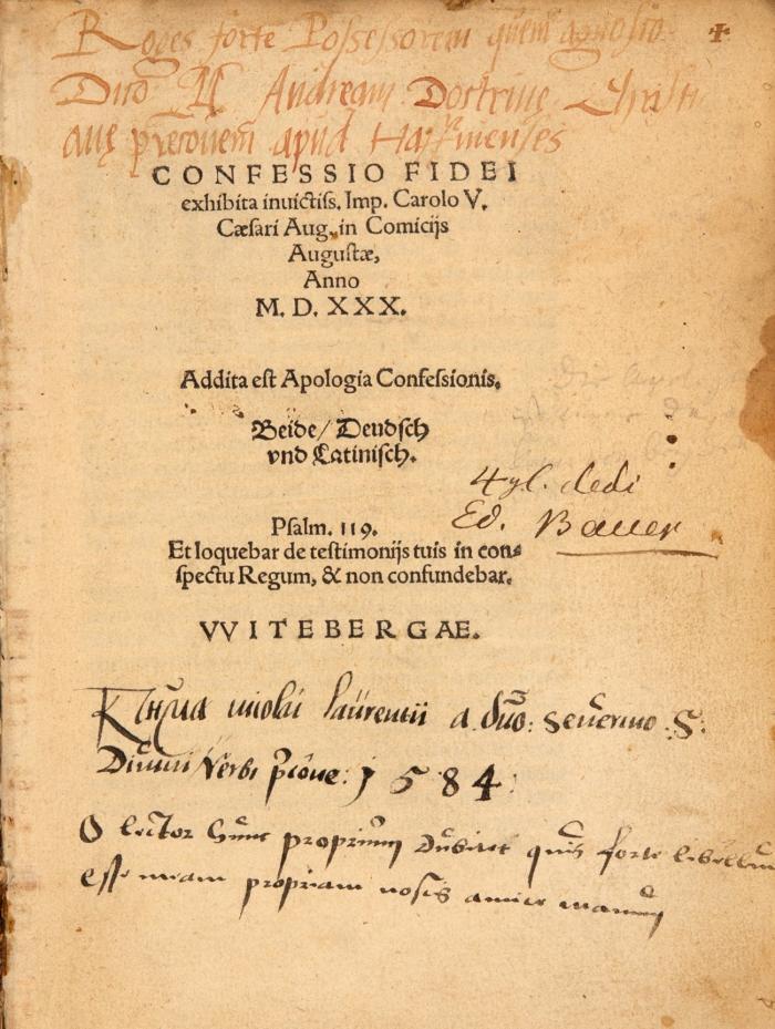 Confessio fidei exhibita inuictiss. Imp. Carolo V. Cæsari Aug. in Comicijs Augustæ, Anno M.D.XXX. Addita est Apologia Confessionis [v. Philipp Melanchthon].