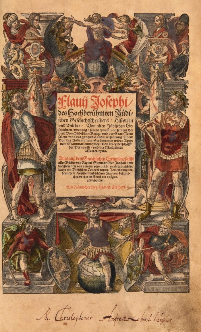 Historien vnd Bücher: Von alten Jüdischen Geschichten/ zwentzig/ sambt eynem von seinem Le|ben: Vom Jüdischen Krieg ... siben: Von der Juden altem Herkommen ... zwey: Von Meysterschafft der Vernunfft ... eyns. Alles ... von newem verteutscht ... [v.Johannes Spreng u.Zacharias Müntzer]. 2 Tle in 1 Bd. (Straßburg: Theodosius Rihel 1587) [2. Teil:] Frankfurt a. M.: Joh. u. Sigm. Feyerabend 1581.