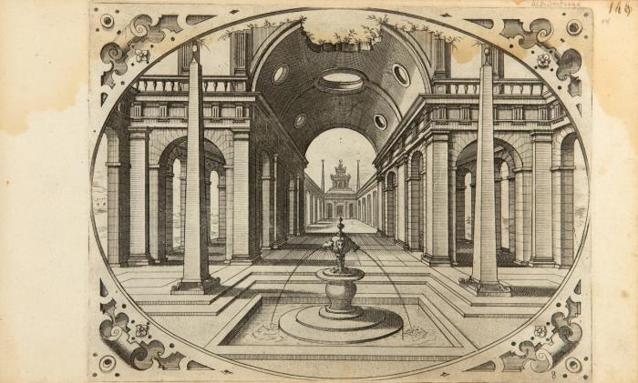 Sammelalbum mit einer Auswahl an Kupfern aus zwei architektonischen Werken von Vredemann de Vries, Hieronymus Niffo sowie zusätzlicher Folge von Landschaftsdarstellungen von Wenzel Hollar nach Brueghel, Peeters  u. a. 16,5 x 28 cm. Antwerpen ca. 1658-1661. HPgt. 
Enthalten: 1) Niffo (Nipho, Nyffo), Hieronymus: Diversa aedificia inventa et delineata. Antwerpen: M. van den Enden 1658. Mit gest. Titel und 12 Kupfertafeln von Petrus de Jode nach H. Niffo. 
2) [Vredemann de Vries, Hans: Variae Architecturae Formae. Antwerpen: Th. Galle 1661]. Daraus: 21 num. Kupfertafeln.
3) Hollar, Wenzel: 8 Kupfertafeln nach Brueghel, Peeters u.a. 
eeters u.a.