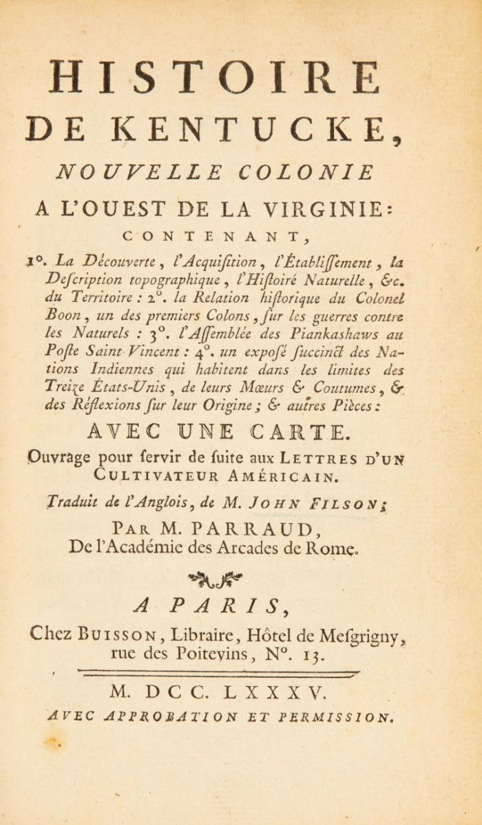Histoire de Kentucke, nouvelle colonie a l'ouest de la Virginie.