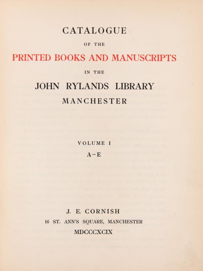 Catalogue of the printed books and manuscripts in the John Rylands Library Manchester. 3 Bde.