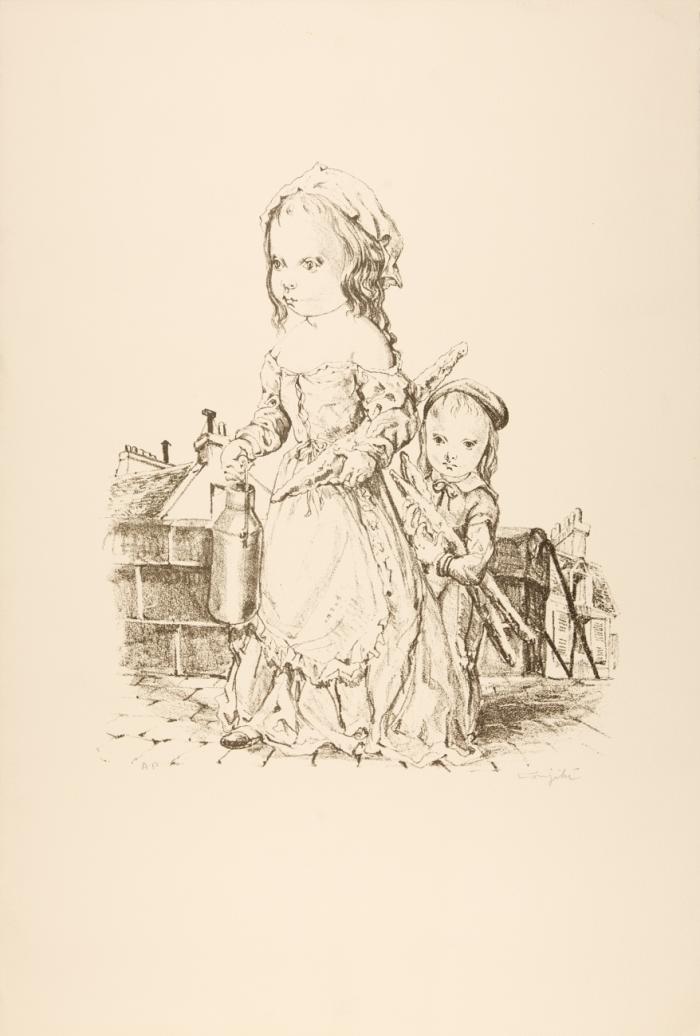 LA FILLE ET L'ENFANT À LA BAGUETTE DE PAIN ET AU POT DE LAIT