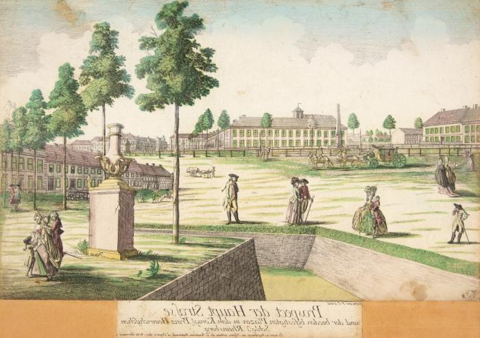 Rheinsberg. Prospect der Haupt Strasse und der beeden befestigten Pläzen in dem Königl. Prinz Heinrichischen Schloss Rheinsberg. Guckkastenblatt.