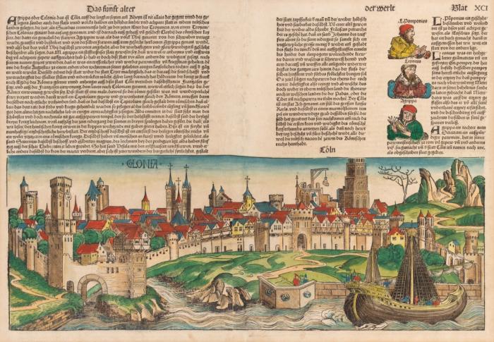 Köln. Colonia. Kolorierter Holzschnitt auf Doppelblatt der Chronik von H. Schedel. Nürnberg 1493.